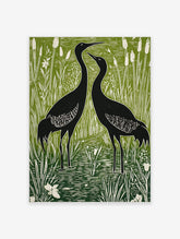 Two black cranes standing in a green and white wetland with tall reeds and cattails, in linocut style