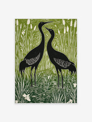 Two black cranes standing in a green and white wetland with tall reeds and cattails, in linocut style