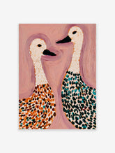 Abstract painting of two white geese with spotted bodies in orange, teal, and green on a pink background
