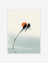 Two swallows perched on a curved branch with an orange sun behind them, minimalist bird art print