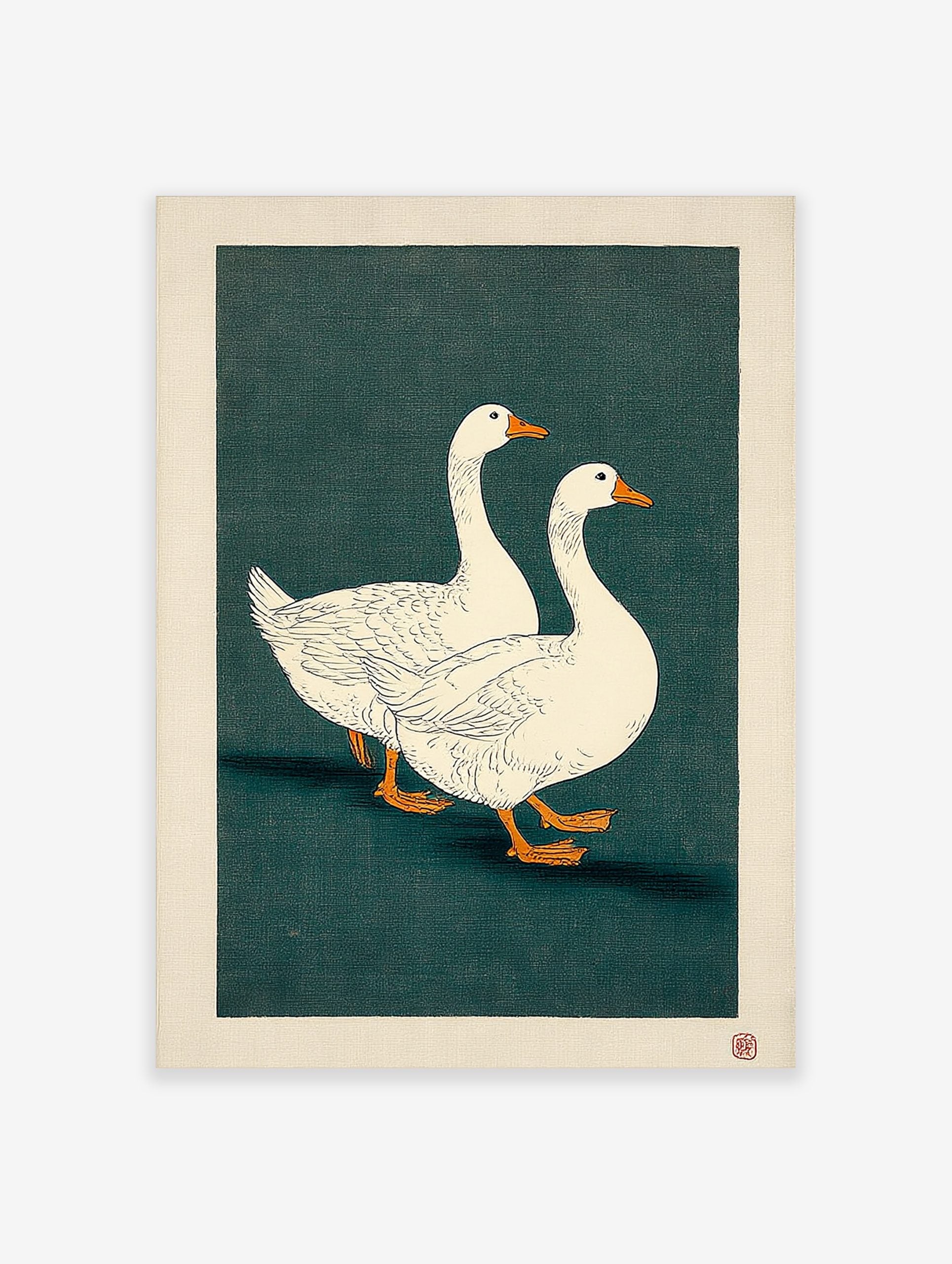 Two white geese with orange beaks walking on a dark teal background in a Japanese illustrative art print