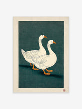Two white geese with orange beaks walking on a dark teal background in a Japanese illustrative art print