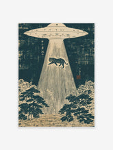 UFO abducting a tiger in a Japanese woodblock print style, with dark blue sky and beige forest