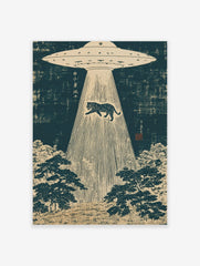 UFO abducting a tiger in a Japanese woodblock print style, with dark blue sky and beige forest
