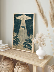 UFO abducting a tiger in a Japanese woodblock print style, with dark blue sky and beige forest, in an alternate framed mockup