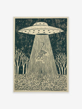 Linocut-style print of a striped tiger being abducted by a UFO's tractor beam, set in a forest