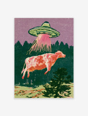 Retro illustration of a UFO abducting a cow with a pink tractor beam against a purple sky and green forest