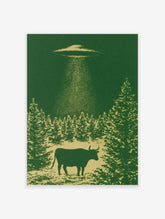 Monochromatic green wall art print of a cow being abducted by a UFO above a forest silhouette