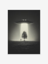 Black and white UFO art print with a spaceship beaming light onto a tree and a person in a misty field.
