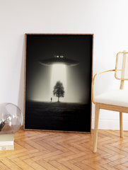 Black and white UFO art print with a spaceship beaming light onto a tree and a person in a misty field. - Image 2