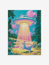 Surreal art print of a tabby cat being abducted by a glowing UFO in a vibrant, retro-styled landscape