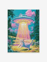 Surreal art print of a tabby cat being abducted by a glowing UFO in a vibrant, retro-styled landscape