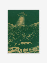UFO hovering over a cow in a field illustration with green and gold colours, retro-futurist style art print