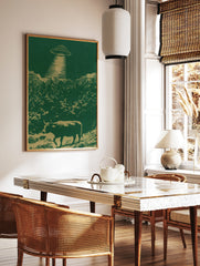 UFO hovering over a cow in a field illustration with green and gold colours, retro-futurist style, in a styled room mockup