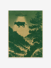 Surreal UFO abduction scene with a cow floating above a dark green forest, illustrated poster print