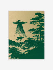 UFO abducting a cow in an illustrative green print on textured background
