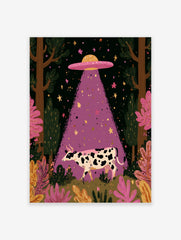 Whimsical illustrative wall art of a black and white cow being abducted by a purple UFO beam in a starry forest