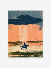 UFO cowboy poster with silhouetted rider on horseback, dark saucer, orange sky and windmill