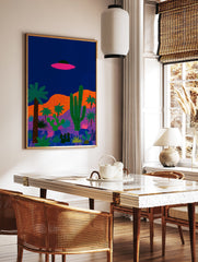 Illustrated UFO desert landscape poster with a pink flying saucer, green cacti, and palm trees against a dark blue sky. - Image 2