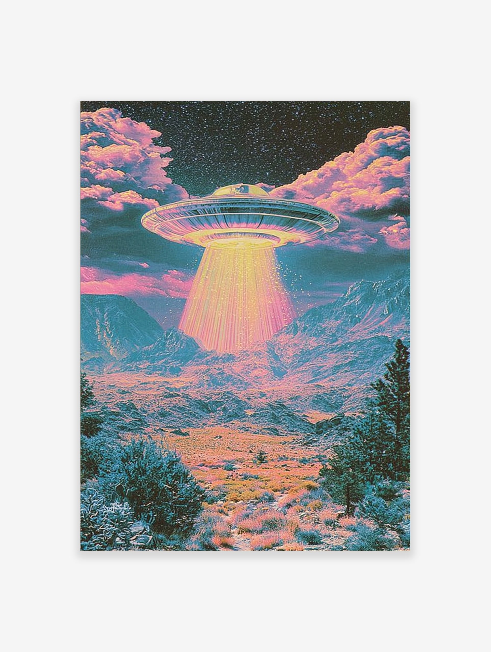 Psychedelic UFO desert landscape wall art print with vibrant pink and teal colours and a glowing saucer