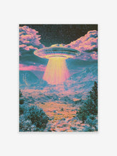 Psychedelic UFO desert landscape wall art print with vibrant pink and teal colours and a glowing saucer
