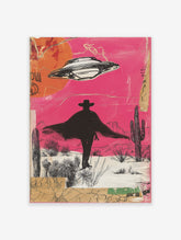 UFO desert wall art with a cowboy silhouette, cacti, and a pink sky in a mixed media collage style.