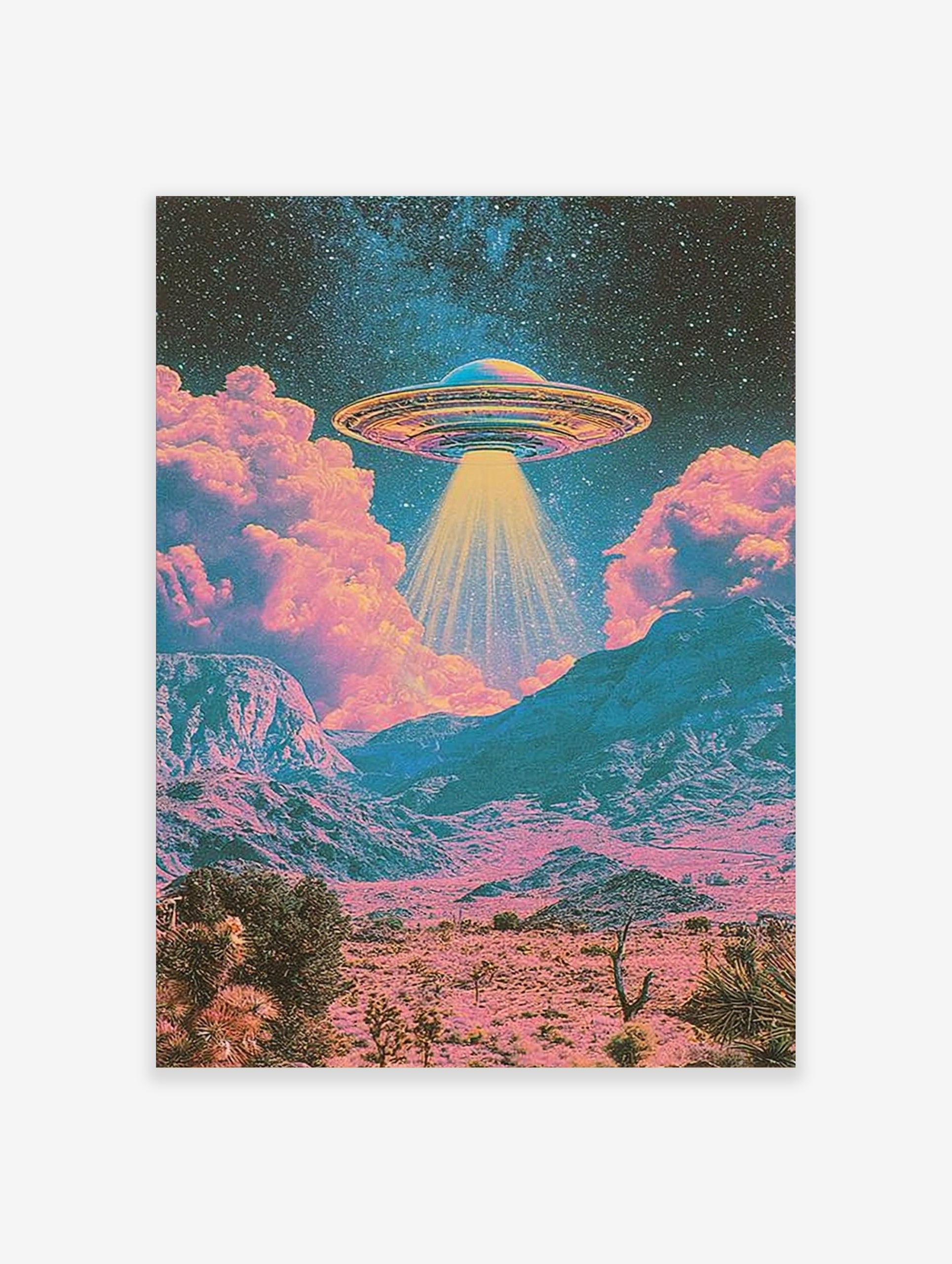 Retro sci-fi UFO hovering above a pink and teal desert landscape with stars in the night sky, illustrative wall art