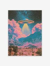 Retro sci-fi UFO hovering above a pink and teal desert landscape with stars in the night sky, illustrative wall art