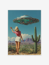 Retro sci-fi illustration of a woman waving at a UFO in a desert landscape with saguaro cacti and mountains.