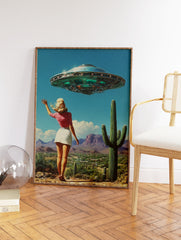 Retro sci-fi illustration of a woman waving at a UFO in a desert landscape with saguaro cacti and mountains. - Image 2