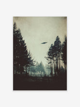 Vintage photographic print of a UFO hovering over a dark, misty forest with tall pine trees under a pale sky. UFO Forest Wall Art.