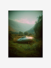 Mysterious UFO alien spaceship landed in a vibrant green, misty mountain landscape, creating unique sci-fi wall art.