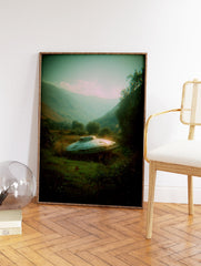 Mysterious UFO alien spaceship landed in a vibrant green, misty mountain landscape, creating unique sci-fi wall art. - Image 2