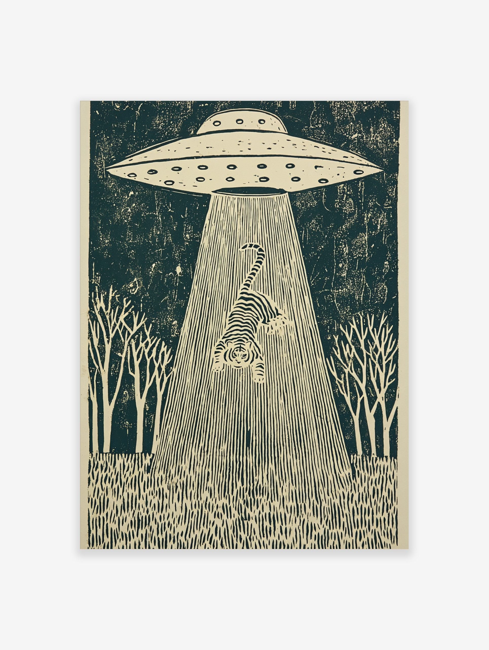 UFO abducting a striped tiger in a dark forest scene, illustrative linocut style wall art print
