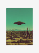 UFO flying saucer hovering over a desert landscape with saguaro cacti under a teal sky, retro sci-fi art print.