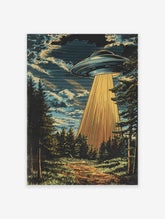 UFO Wall Art illustration showing a flying saucer hovering over a dark forest, emitting a strong golden light beam downwards.