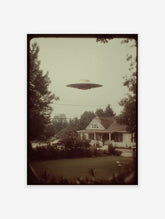 Vintage photo of a classic flying saucer UFO hovering over a suburban house with trees and power lines under an overcast sky.