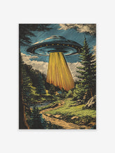 Vintage style illustration of a UFO flying saucer with a yellow light beam over a green forest and river, UFO wall art.