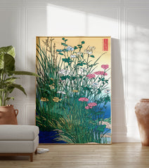 Japanese Ukiyo-e botanical wall art print with green grasses, white, pink, and yellow wildflowers by a blue river. - Image 3