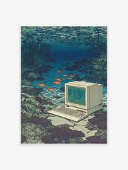 Underwater computer art print featuring a retro PC and keyboard submerged in water with orange fish and aquatic plants.