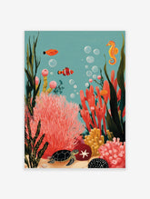 Illustrative underwater scene with clownfish, seahorse, sea turtle, and colourful coral reef
