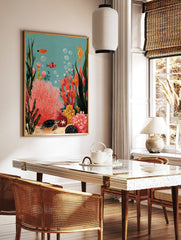 Illustrative underwater scene with clownfish, seahorse, sea turtle, and colourful coral reef, in a styled room mockup