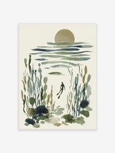 Underwater diver art print in watercolour style with green and blue marine plants and a muted sun