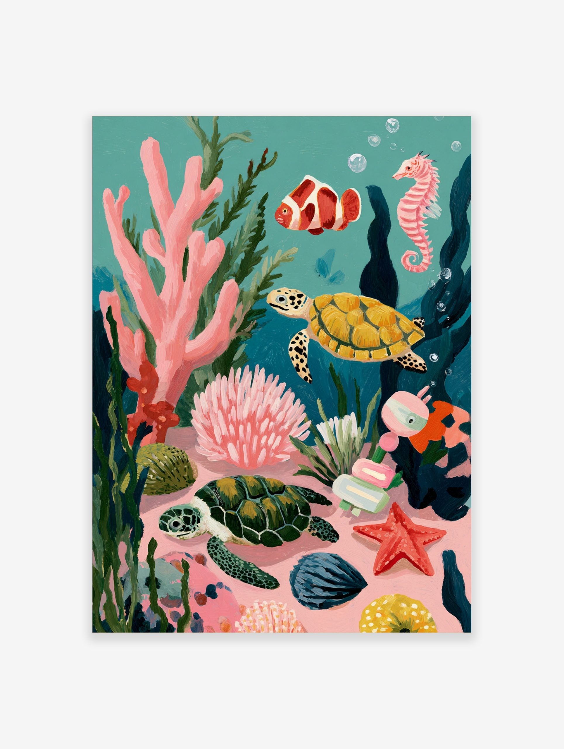 Illustrative underwater scene with two sea turtles, clownfish, seahorse, and colourful coral reef