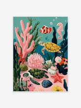 Illustrative underwater scene with two sea turtles, clownfish, seahorse, and colourful coral reef