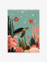 Colourful illustrative print of an underwater ocean scene with a sea turtle, clownfish, seahorse, and starfish
