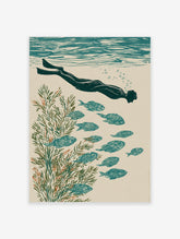Illustrative print of an underwater swimmer with fins, school of fish, and green seaweed in teal and beige