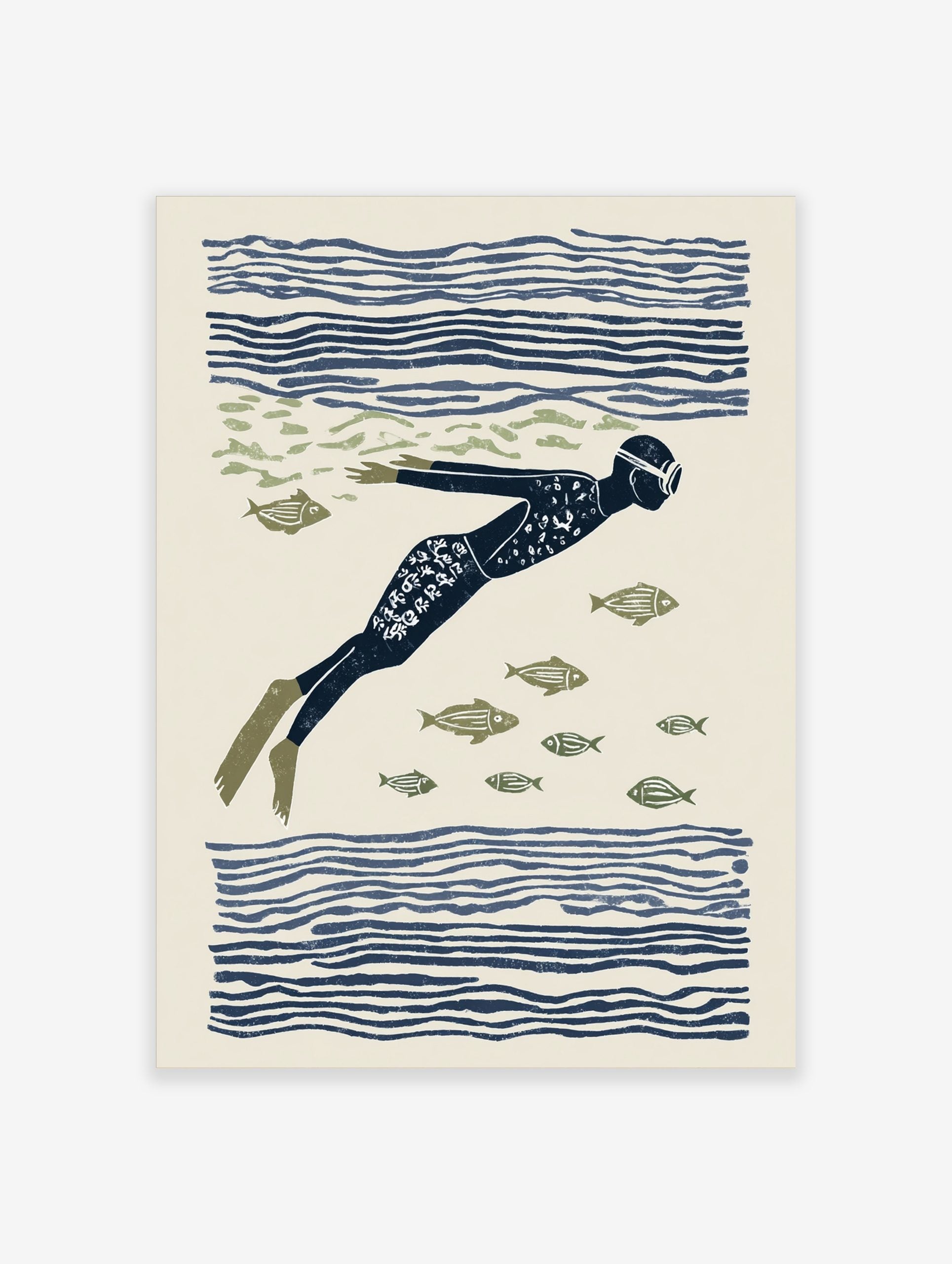 Illustrative print of an underwater swimmer in a dark blue suit and flippers, surrounded by olive green fish