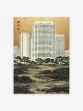 Urban Landscape Art print showing modern white high-rise buildings behind traditional Japanese pine trees and a rocky river, with a gold background.