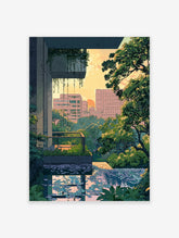 Urban oasis cityscape print with green foliage, modern buildings, and reflective pool at sunset